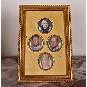 France, époque Restauration - suite de 4 miniatures royalistes - famille royale - encadrement moderne
