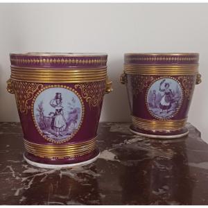 Old Paris, Louis Philippe, Napoleon III Period - Large Pair Of Planters - Violet Background And Rich Decoration
