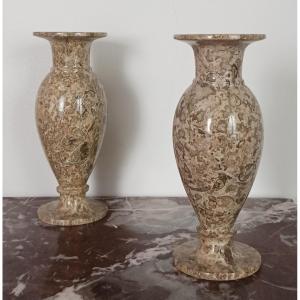 Curious Pair Of Vases - Marine Fossils Including Ammonites In Marble - Modern Work