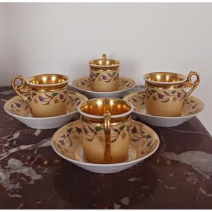 Paris, Restoration Period - 4 Cornet Or Jasmine Cups And Saucers - Nankin And Gold Background - Porcelain