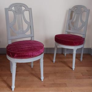 France, Louis XVI Period - Pair Of Lyre Chairs, Relacquered And Maddered Silk Velvet