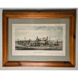 UK, vers 1825 - Barouche, lithographie encadrée - cadre pitchpin