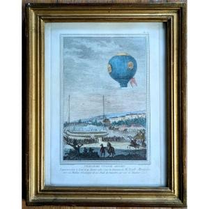 Lithographie du troisième voyage aérien - Aérostat, ballon monté