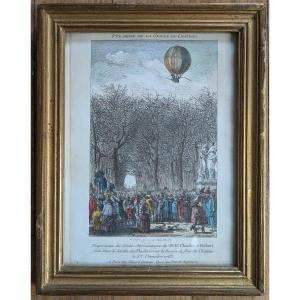 Lithographie de voyage aérien - Aérostat, ballon monté, époque Louis XVI