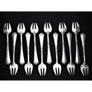 Puiforcat: 12 Oyster Forks In Their Box, Solid Silver, "fer De Lance" Model 