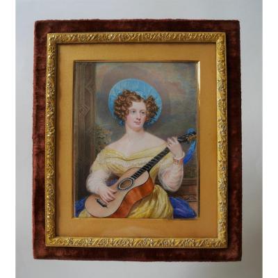 Miniature: "elegant With Guitar", English School, Circa 1830