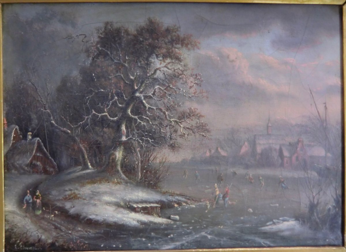 CHEVALLIER (1808-1893) "Paysage animé en hiver" Huile/Toile encadrée 24,5 x 33 cm-photo-2