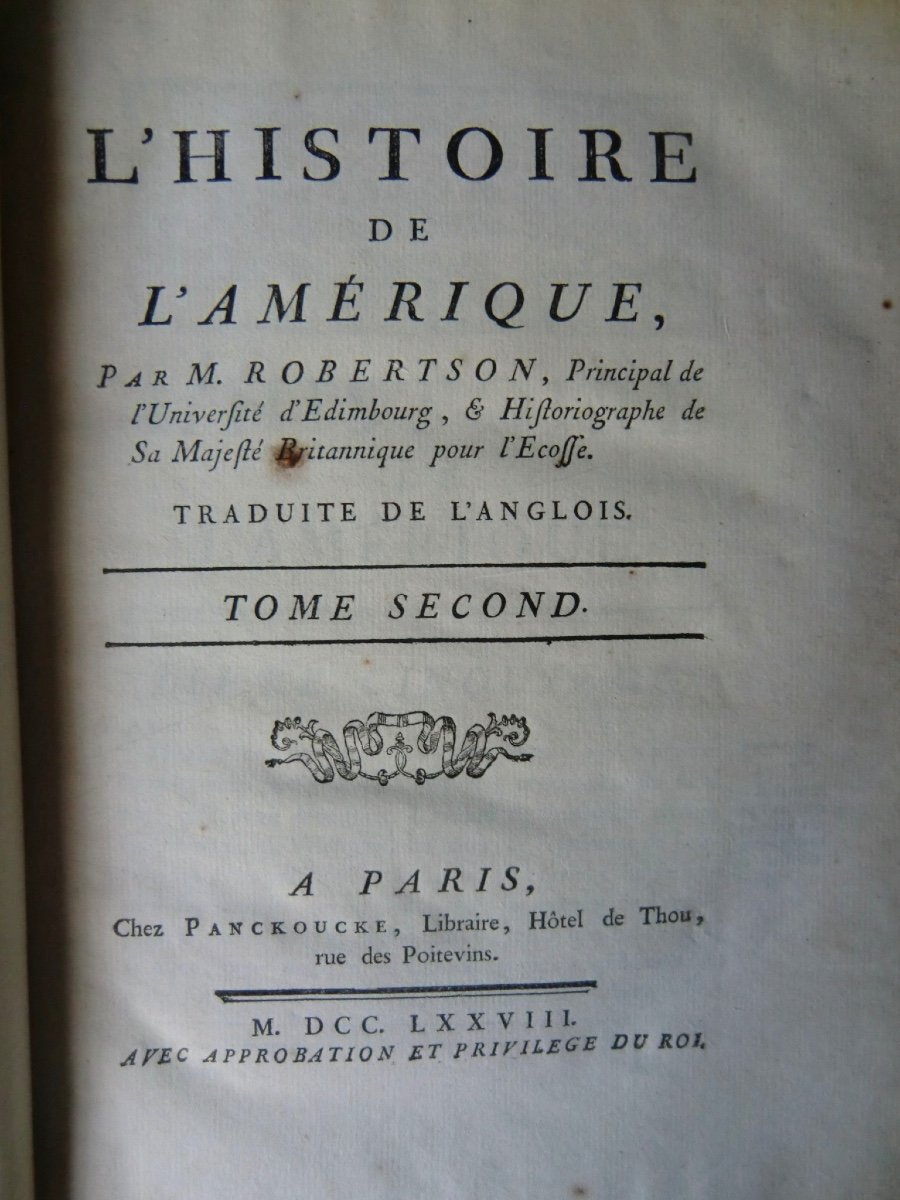 M.ROBERSTON "L'Histoire de l'Amérique" 1778 Chez Panckoucke à Paris In-4 . 2 Volumes-photo-4