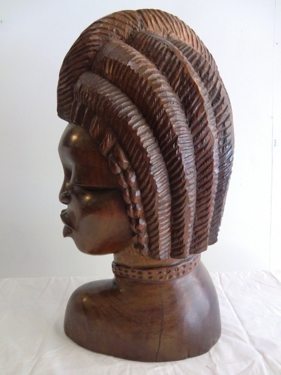 Tête De Femme Africaine Sculptée En Bois Exotique Années 1950 Hauteur : 60 Cm Poids : 15 Kg-photo-2