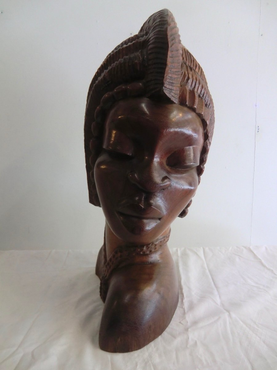 Tête De Femme Africaine Sculptée En Bois Exotique Années 1950 Hauteur : 60 Cm Poids : 15 Kg-photo-3