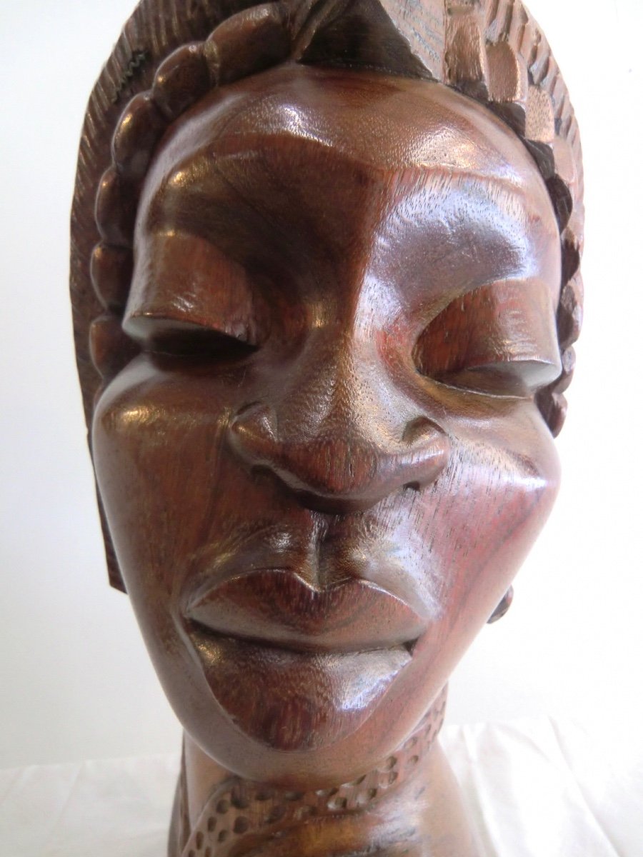 Tête De Femme Africaine Sculptée En Bois Exotique Années 1950 Hauteur : 60 Cm Poids : 15 Kg-photo-4