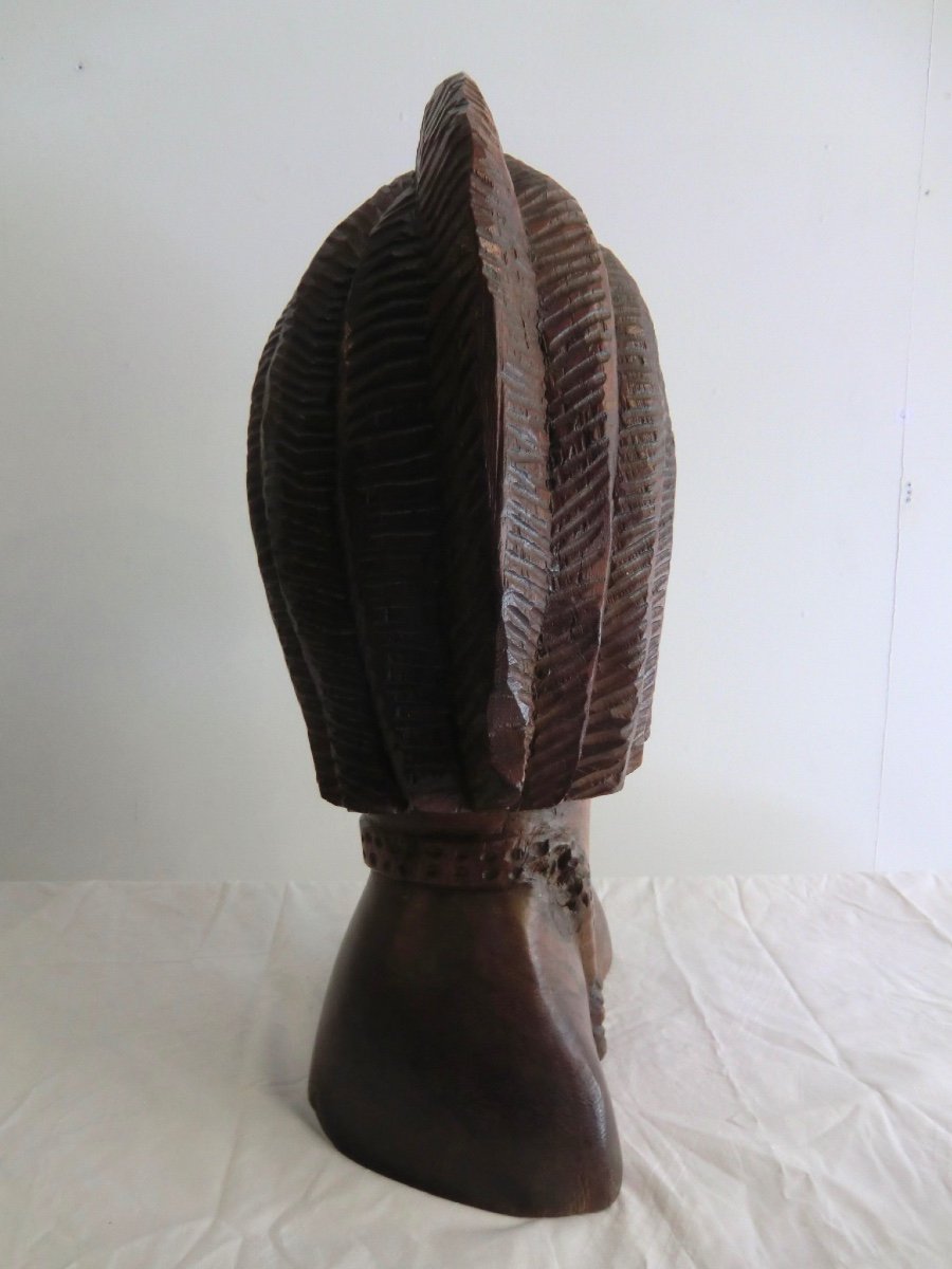 Tête De Femme Africaine Sculptée En Bois Exotique Années 1950 Hauteur : 60 Cm Poids : 15 Kg-photo-1