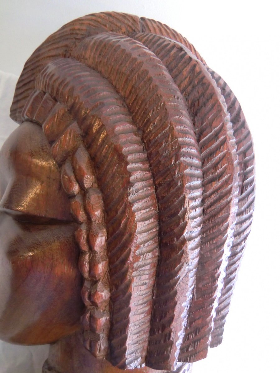 Tête De Femme Africaine Sculptée En Bois Exotique Années 1950 Hauteur : 60 Cm Poids : 15 Kg-photo-3