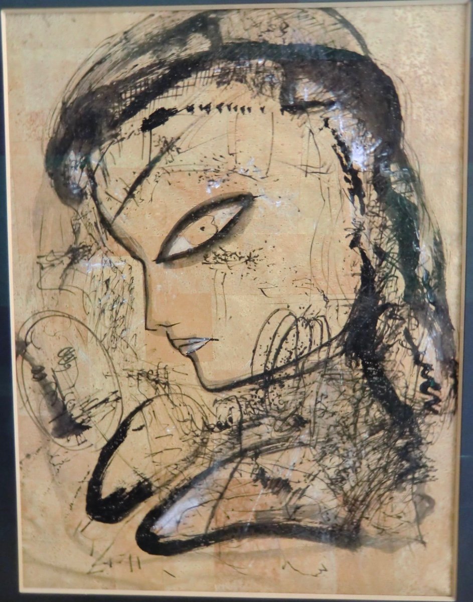 Jamali Born In 1944 "vixen" Pigment Painting On Cork Framed 66 X 50 Cm-photo-2