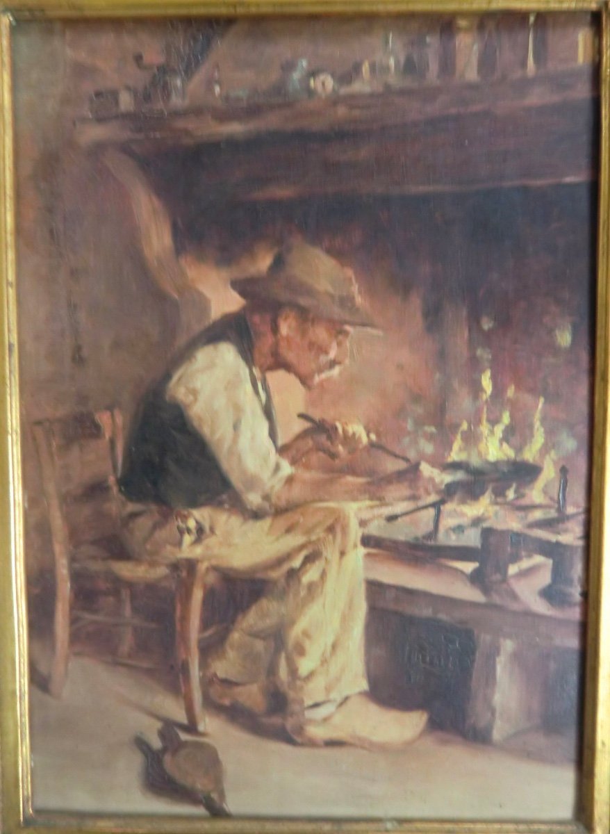 Milon Joseph (1868-1947) "old Peasant In Front Of The Fireplace", 1908 Oil On Panel 33 X 24 Cm-photo-2