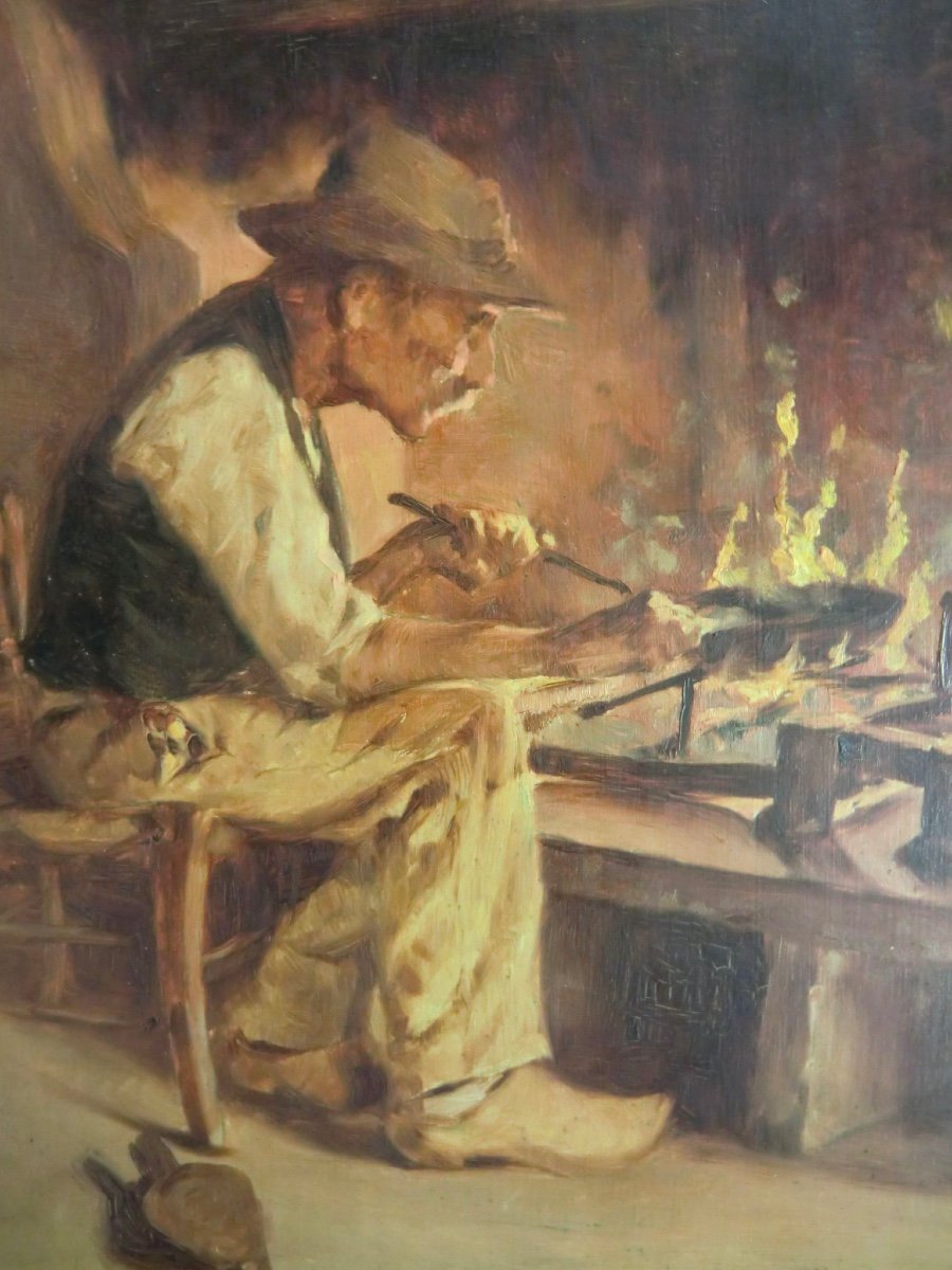 Milon Joseph (1868-1947) "old Peasant In Front Of The Fireplace", 1908 Oil On Panel 33 X 24 Cm-photo-4