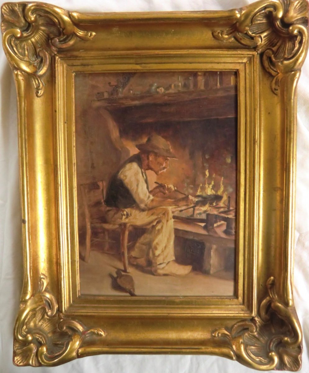 Milon Joseph (1868-1947) "old Peasant In Front Of The Fireplace", 1908 Oil On Panel 33 X 24 Cm