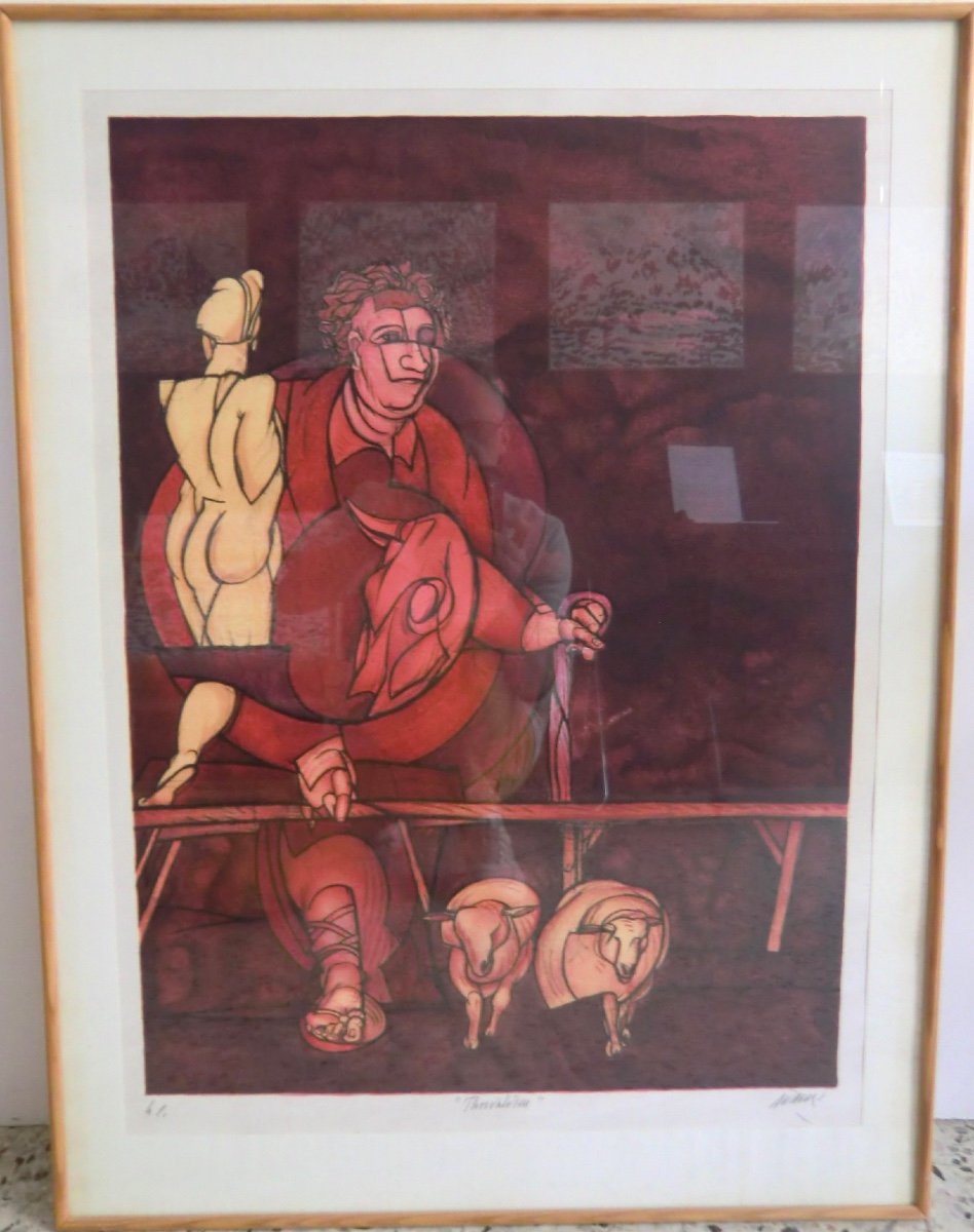 Valerio Adami, Born In 1935 "the Shepherd" Color Lithograph Signed 80 X 60 Cm