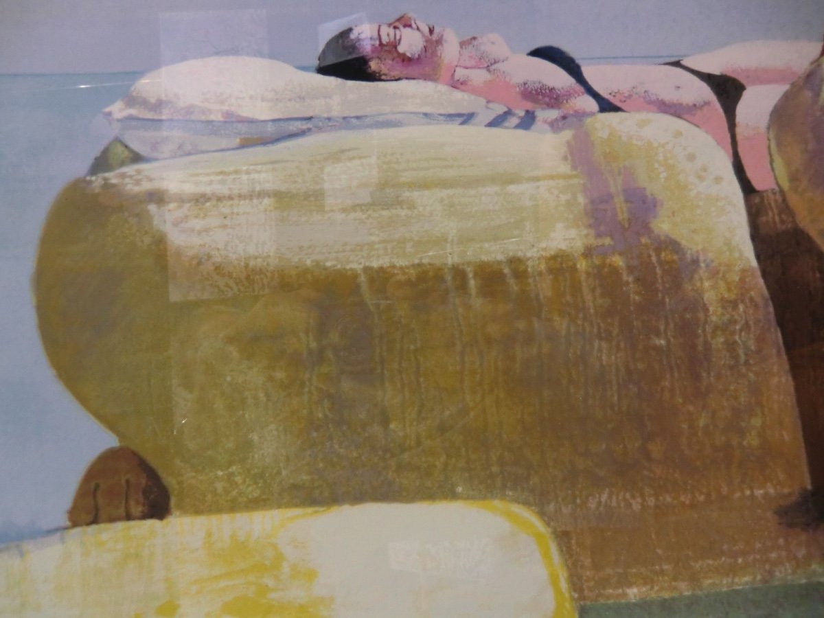 Leonardo CREMONINI "Femme à La Mer Sur Les Rochers", 1984 Lithographie Couleurs Signée 70x100 -photo-3