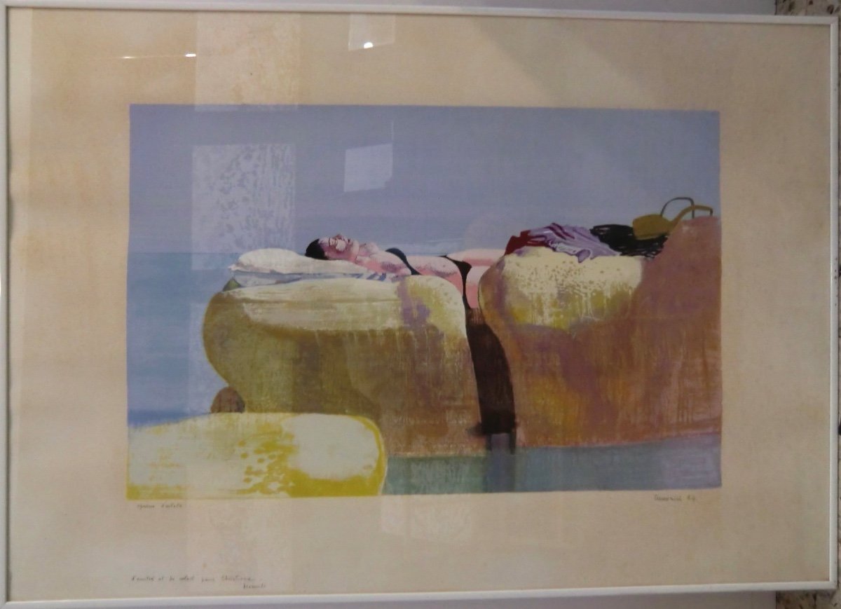 Leonardo CREMONINI "Femme à La Mer Sur Les Rochers", 1984 Lithographie Couleurs Signée 70x100 