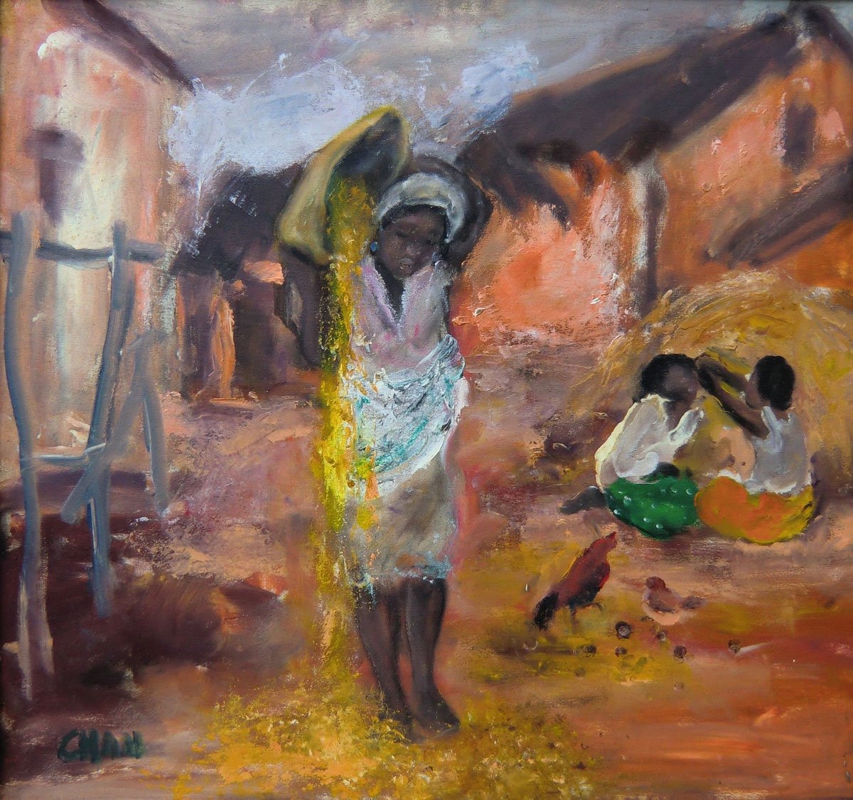 CHAN (1929-2021) Peintre de Madagascar "Séchage du Paddy", Vers 1990 Huile sur Toile 78 X 81 Cm