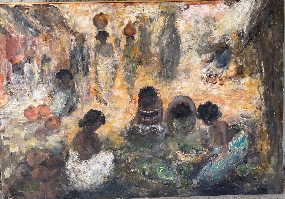 CHAN (1929-2021) Peintre de Madagascar "Jour de marché", Vers 1990 Huile sur Toile 69 X 100 cm