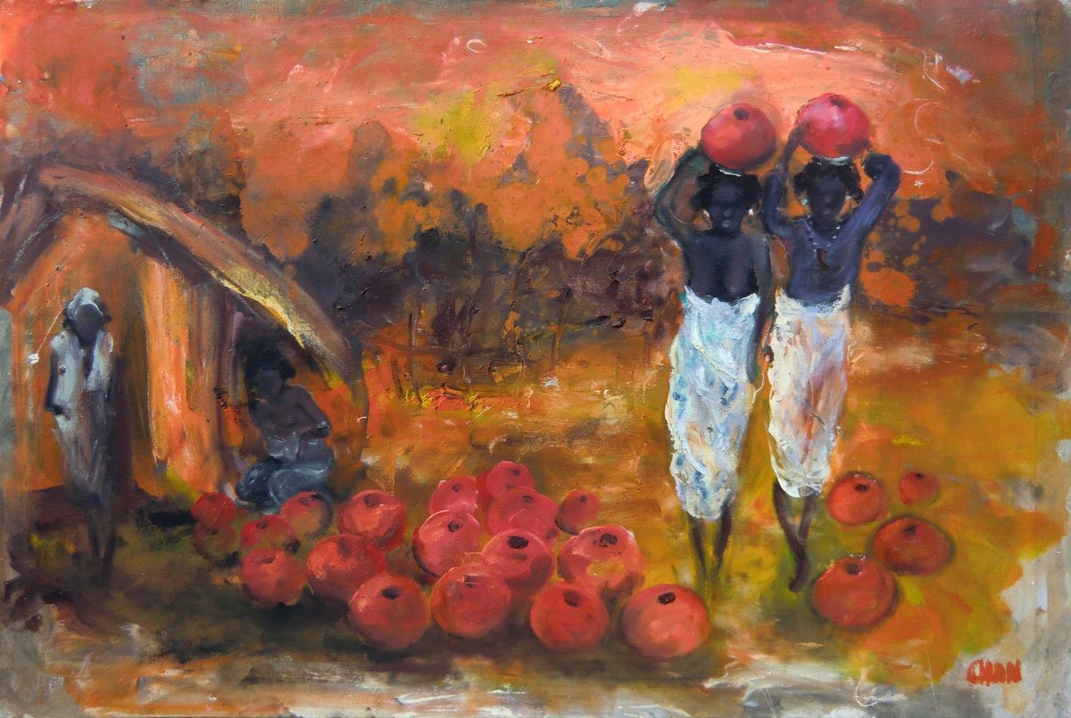 Chan (1929-2021) Painter From Madagascar "pottery Women", Around 1990 Oil On Canvas 81 X 120 Cm