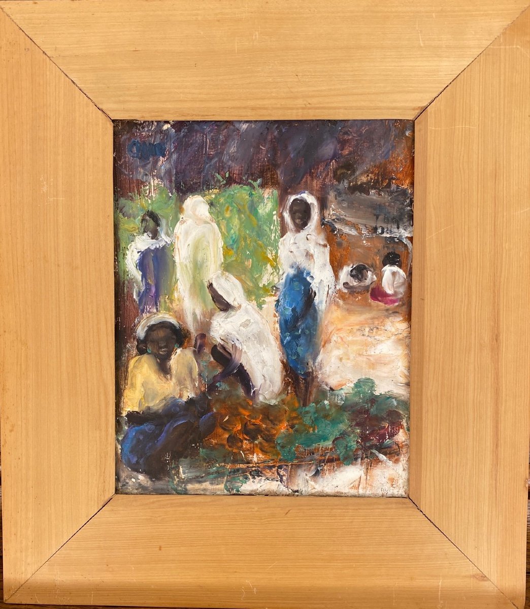 CHAN (1929-2021) Peintre de Madagascar "Joyeuse rencontre", 1990 Huile sur Panneau 25 X 20 cm