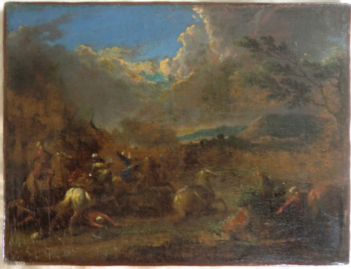 COURTOIS Jacques (1621-1676) "Marche de cavalerie" Huile sur toile encadrée 22 x 28,5 cm-photo-2