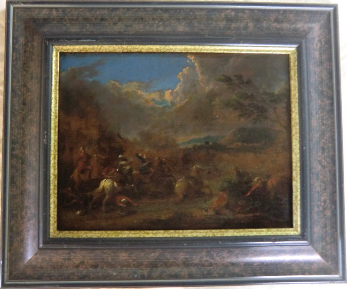 COURTOIS Jacques (1621-1676) "Marche de cavalerie" Huile sur toile encadrée 22 x 28,5 cm