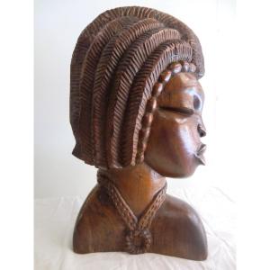 Tête De Femme Africaine Sculptée En Bois Exotique Années 1950 Hauteur : 60 Cm Poids : 15 Kg