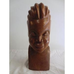 Tête De Jeune Femme Africaine Sculptée En Bois Exotique Années 1950 Hauteur : 39 Cm