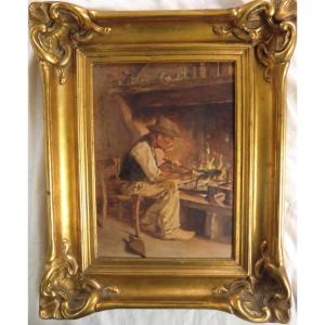 MILON Joseph (1868-1947) "  Vieux Paysan Devant La Cheminée", 1908 Huile Sur Panneau 33 X 24 Cm