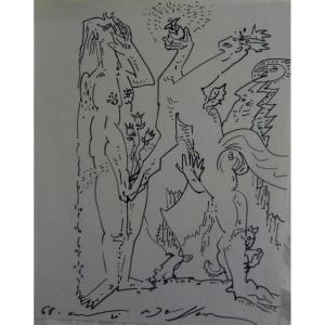 MASSON André (1896-1987) " Le Mystère d'Athys ",1968 Feutre sur papier signé 27  x  21 cm