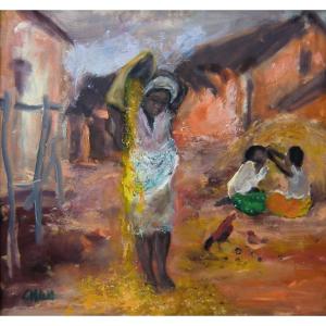 CHAN (1929-2021) Peintre de Madagascar "Séchage du Paddy", Vers 1990 Huile sur Toile 78 X 81 Cm