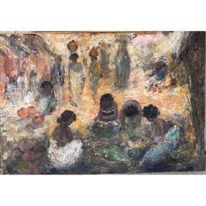 CHAN (1929-2021) Peintre de Madagascar "Jour de marché", Vers 1990 Huile sur Toile 69 X 100 cm