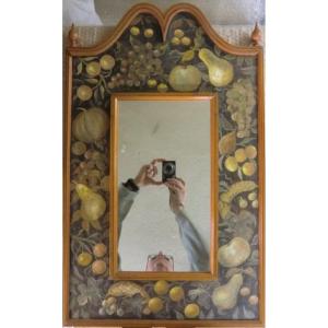 Miroir Italien en bois peint polychrome Décor de fruits XX ème Siècle 74 X 46 cm