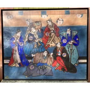 Japanese School "kabuki Theater Actors" Period 20th Century Gouache Paper 98 X 113 Cm