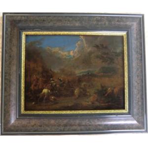 Courtois Jacques (1621-1676) "cavalry March" Oil On Canvas Framed 22 X 28.5 Cm