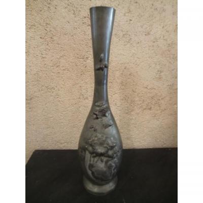 Tin Vase Art Nouveau Period 1900 Signed Ermenault H: 50 Cm