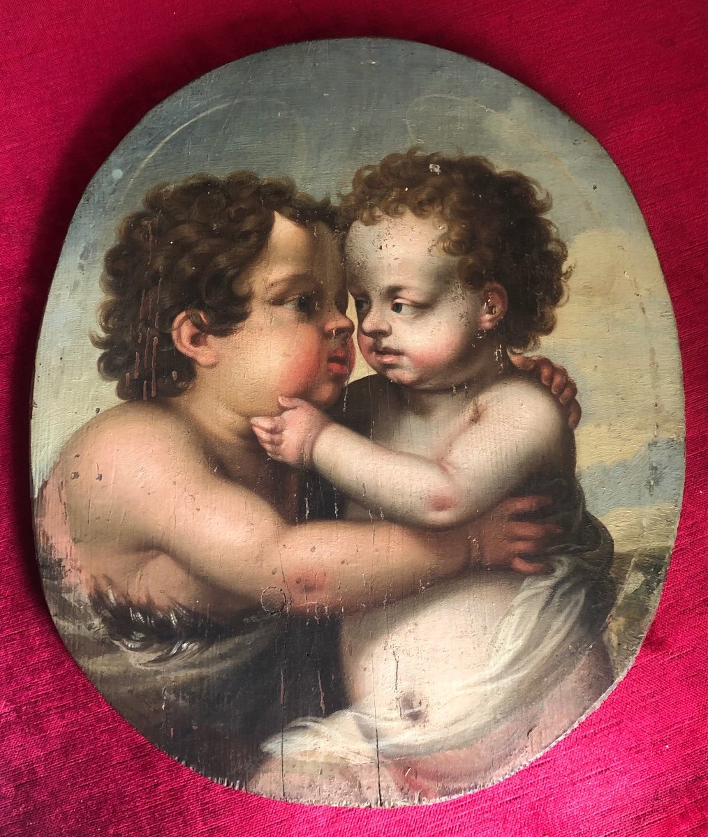 Oil On Wood In Oval Shape "entwined Putti"