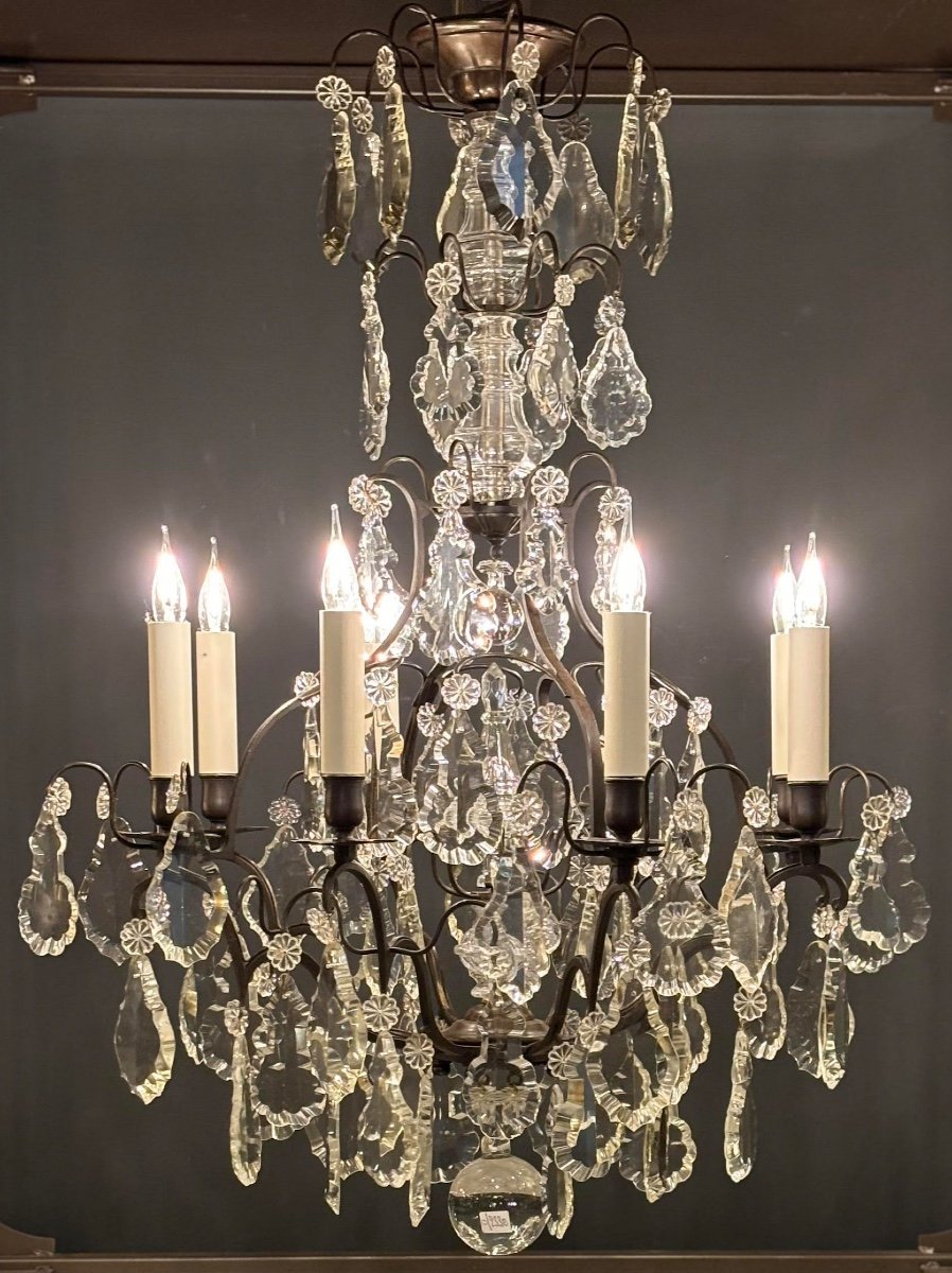 Cage Chandelier In Patinated Bronze And Crystals France 1900