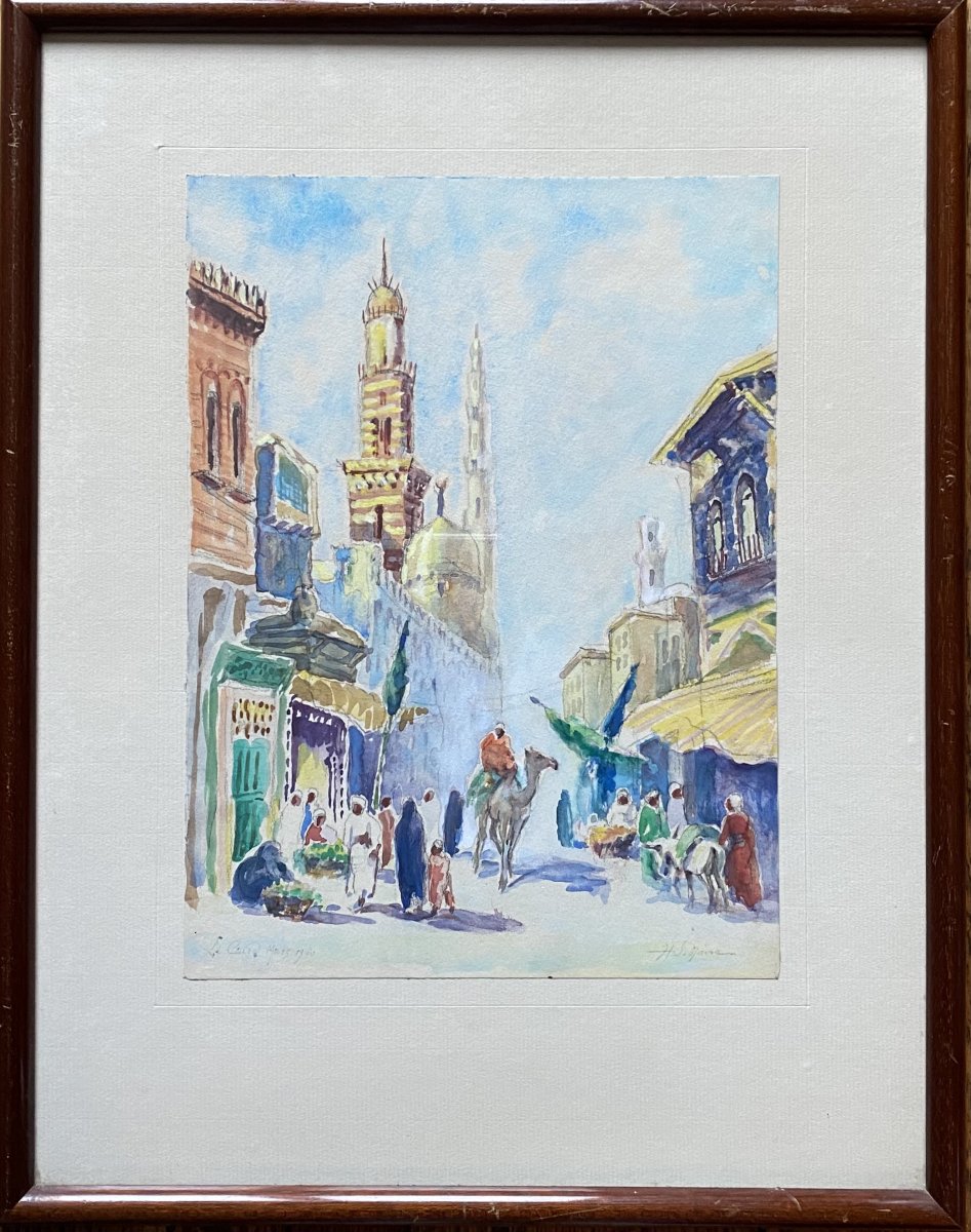 Paire d'aquarelles orientalistes "Le Caire 1950"-photo-3