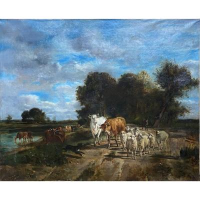 Oil On Canvas "landscape With The Herd".