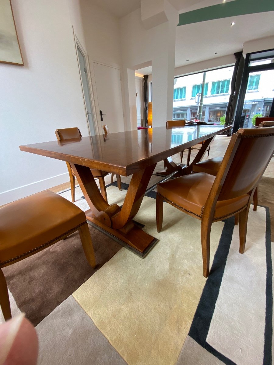 Series Of 6 Chairs By Jules Leleu In Walnut Clogs In Chromed Bronze Circa 1935-photo-4