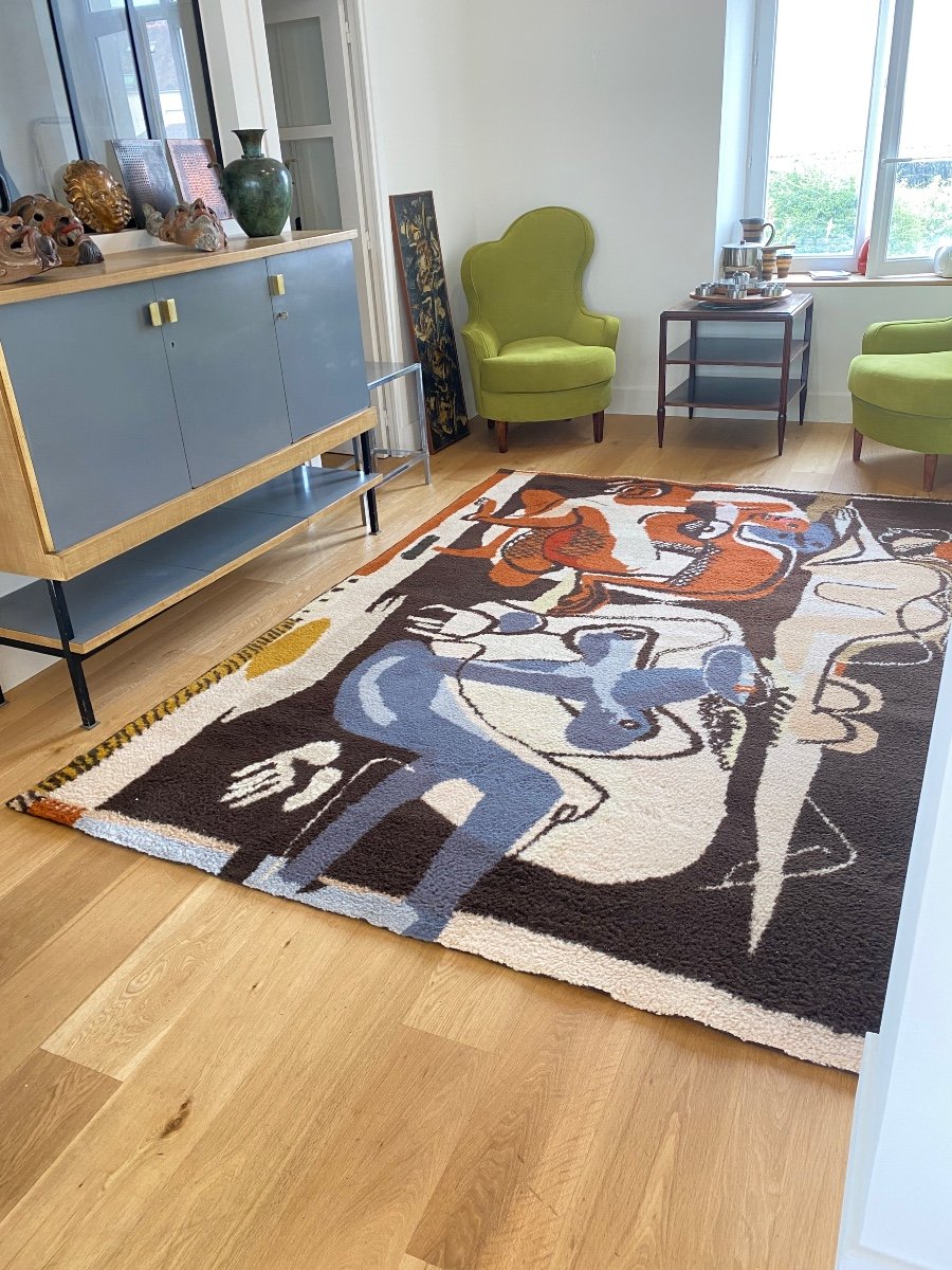 Knotted Stitch Rug After A Tapestry By Le Corbusier “three Women On A Black Background”-photo-2