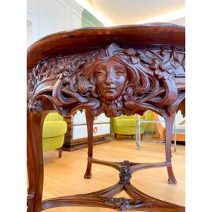 Magnifique Table De Milieu D’époque Art Nouveau En Acajou