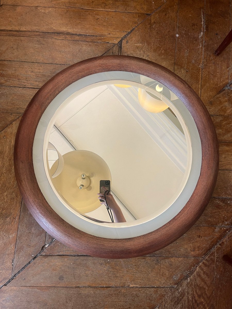 Round Illuminated Mirror, Sapele Frame, Circa 1970-photo-2