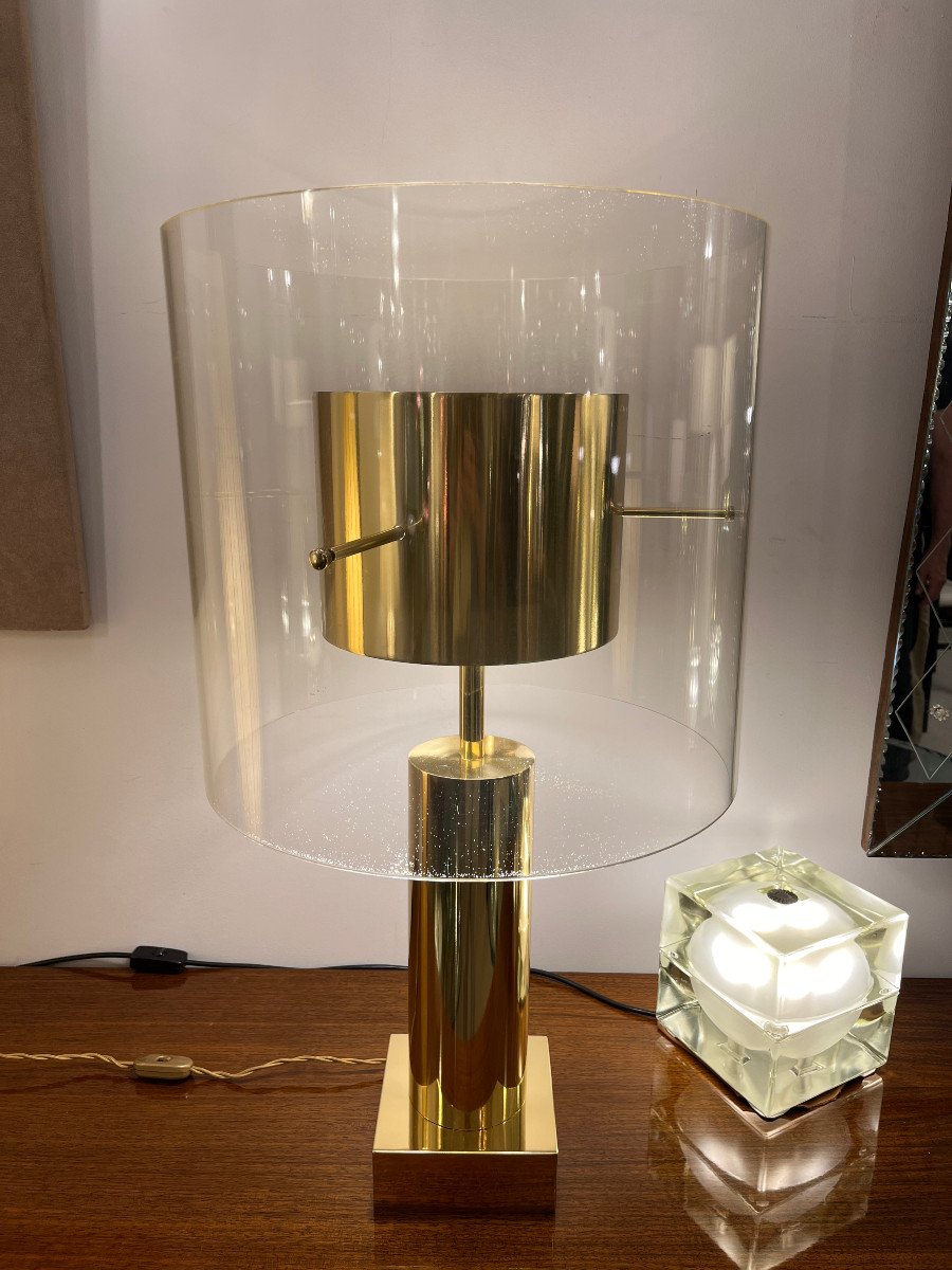 Lampe En Laiton Doré Et Lucite, Circa 1960-photo-4