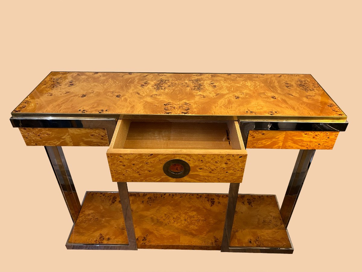 Console En Loupe D’orme Et Laiton Doré « Alveo Collection », éd. Mario Sabot, Circa 1970-photo-2